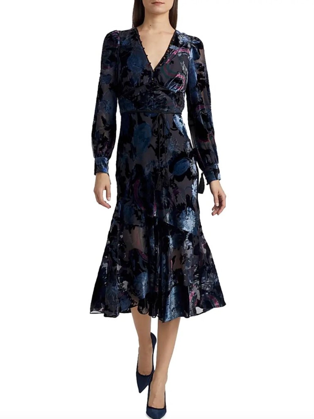 Marchesa Rosa Velvet Burnout V-Neck Midi-Dress